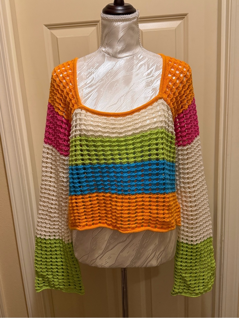 Open-Weave Scoop Neck Sweater in Multicolor Stripes